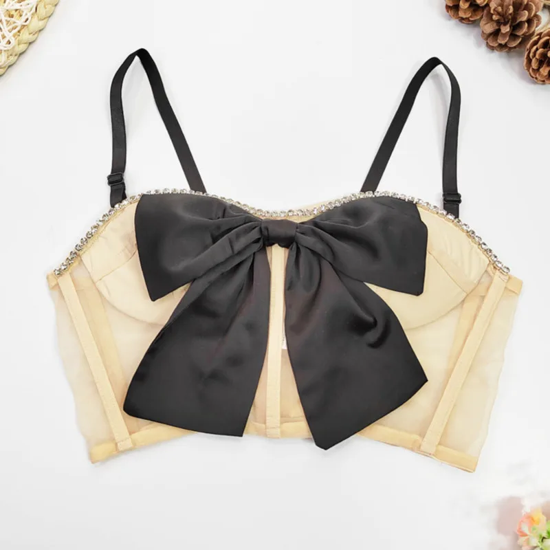 

Summer Sexy Backless Women Tank Top Sweet Bow Decoration Mesh Transparent Crop Top Fashion Women Camis Corset 2022