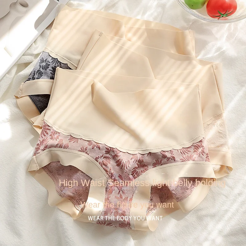 

M-XLCotton Panties Women's Underwear Plus Size High Waist Seamless Briefs Sexy Lace Underpants Fashion Ice Panty Female Lingerie