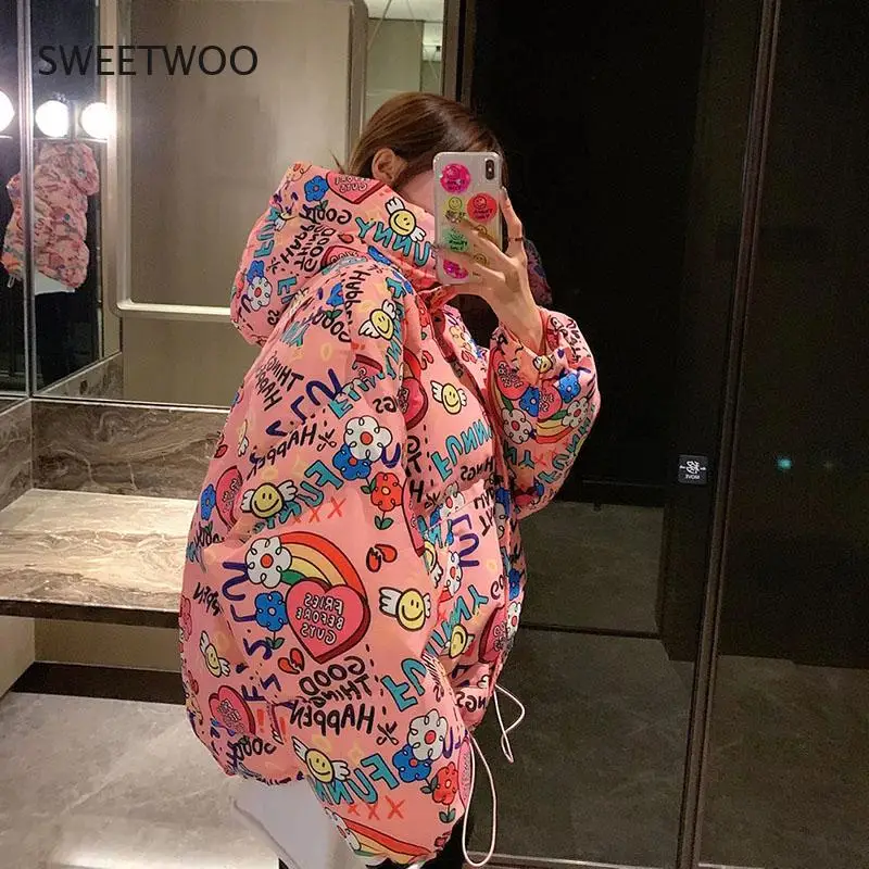 2022 Women Winter Jacket New  Cotton-Padded Women Short Jacket Printed Loose  Thickened Fashionable Student Trendy Jacket