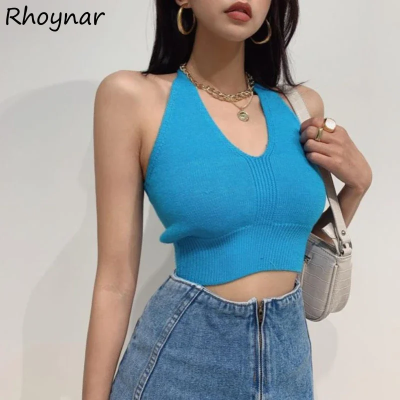 7-цветная майка с лямкой на шее женские укороченные топы открытой спиной вязаная