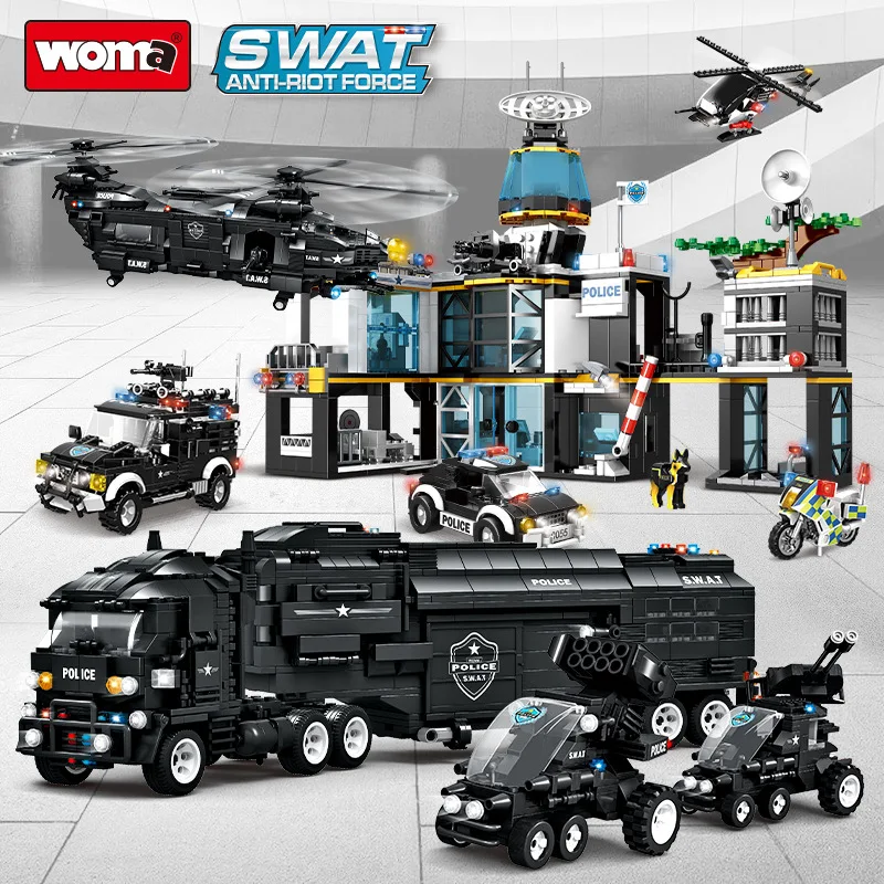 

WOMA SWAT Police Station Truck Model Building Blocks City Machine Helicopter Vehicle Figures Bricks Educational Toy For Children