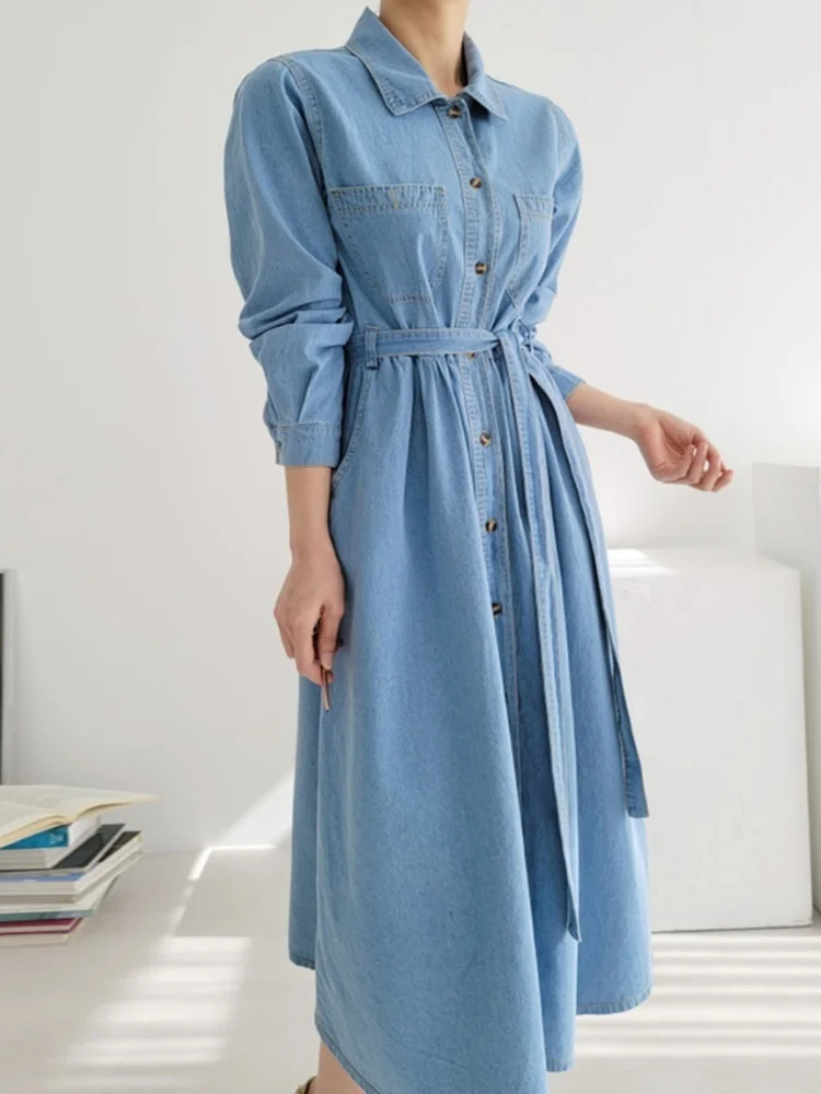 [EWQ] Винтажное модное однобортное джинсовое платье на шнуровке элегантное