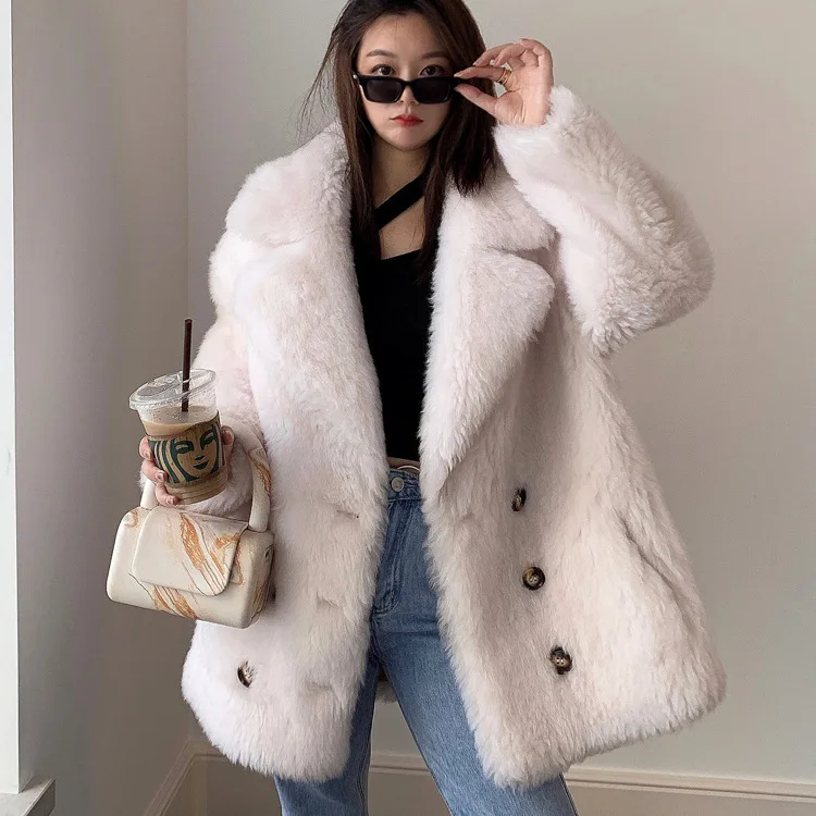 Lamb wool in the long shearling fur coat female