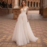 elegant boat neck tulle wedding dresses lace appliques cap sleeve bridal gowns zipper back a line floor length vestidos de novia