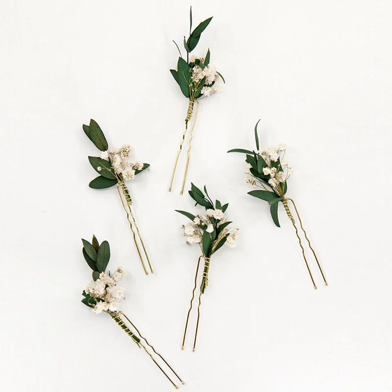 4-10pcs Baby's Breath Dried Flower Hair Pin Greenery Eucalyptus Gypsophila Bridal Hair Pin Accessories white flowers for Wedding