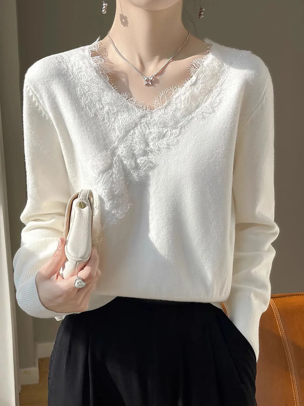 Angora Top Women 00 Pure Cashmere Autumn and Winter V-neck Knitted Bottoming Shirt This Year's Popular Temperament Design Se...