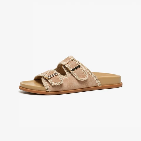 BEAUTODAY/женские детские замшевые тапочки, разноцветные туфли на плоской подошве с пряжкой и тканой каймой, летняя женская пляжная обувь ручной работы 34149