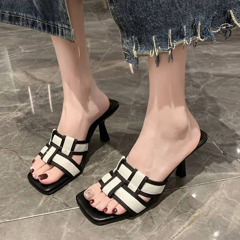 2023 New Women Slippers Open Toe Summer Dress Shoes Thin High Heels Slides Slippers Party Pumps Wedding Black White