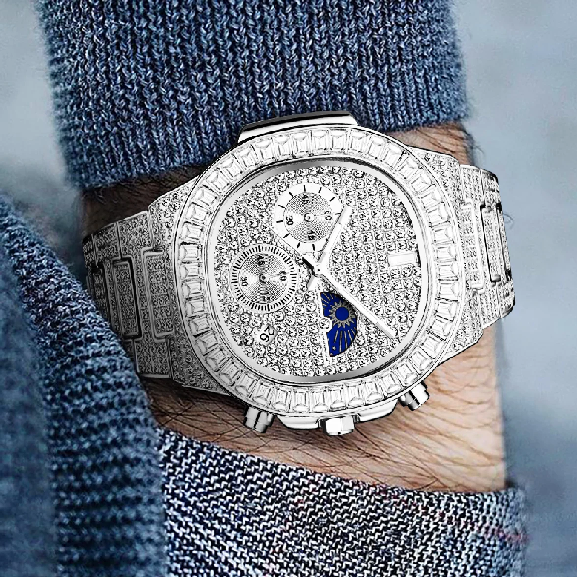 

New Man Watch Luxury Brand Stainless Steel Silver Watches Aaa Ice Out Waterproof Hip Hop Wristwatch Jewelry For Men Gift