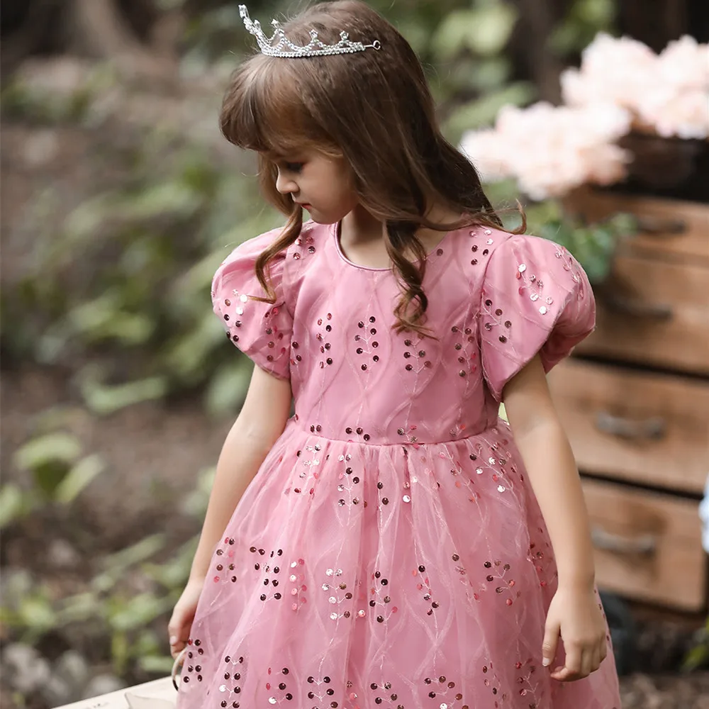

Girls Princess Dresses Summer Girl Sleeveless Lace Sequins Print Party Dress Flower Girl Costumes Kids Clothes Children Dresses