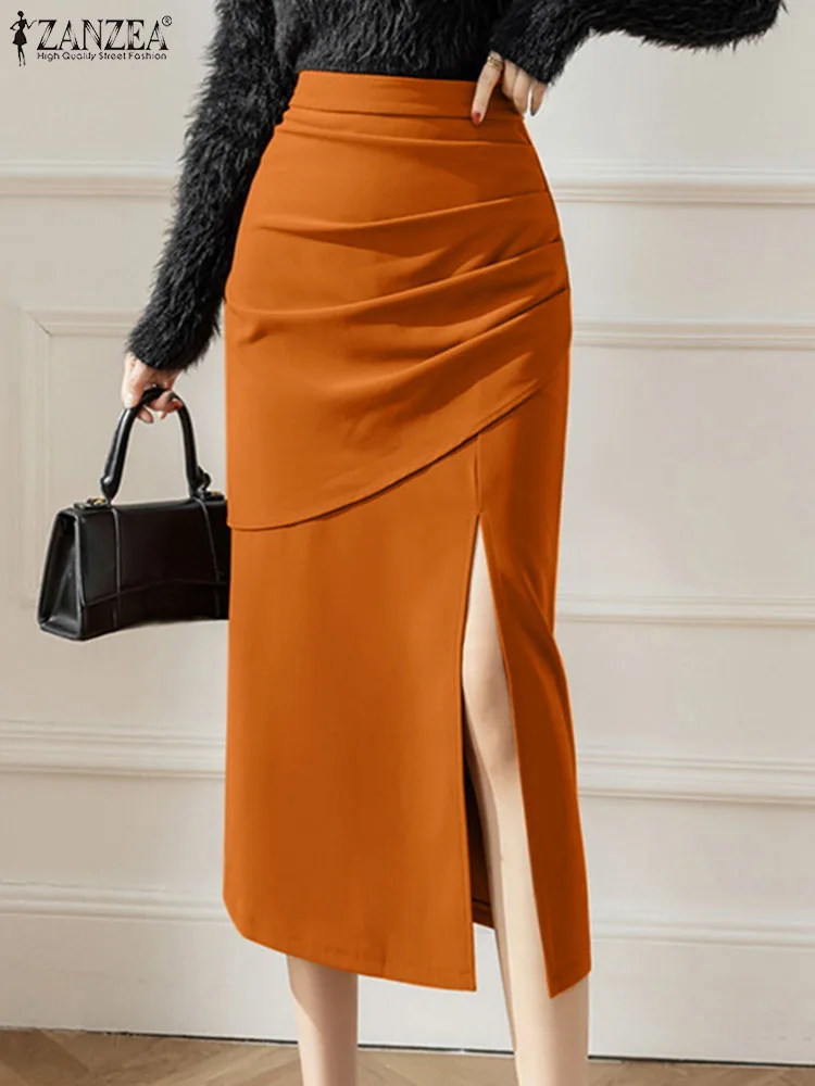 

ZANZEA Women Side Slit Draped Skirts Elegant Pencil Skirt Midi Dress Fashion High Waist OL Slim Faldas Sexy Soild Color Jupes