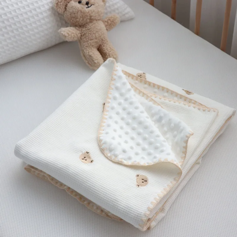 

Waffle Grids Embroidered Bear Baby Blanket,2 Layers Cozy Waffle Textured Baby Wrap Swaddle,Cotton Knitted Dotty Kids Blanket,