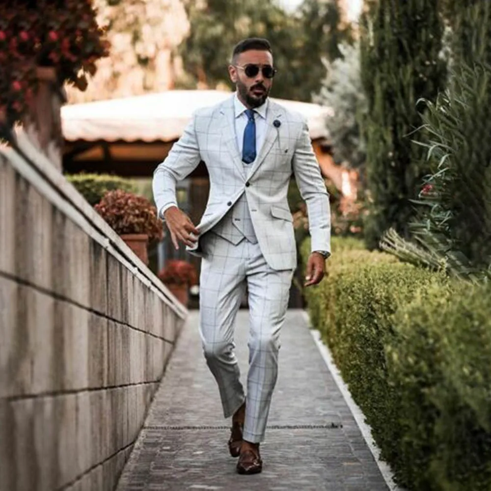 White Plaid Slim Fit Mens Suits For Groom Wedding Prom Tuxedo 3 Piece Jacket Vest Pants Set Business Office Wear Costume Homme