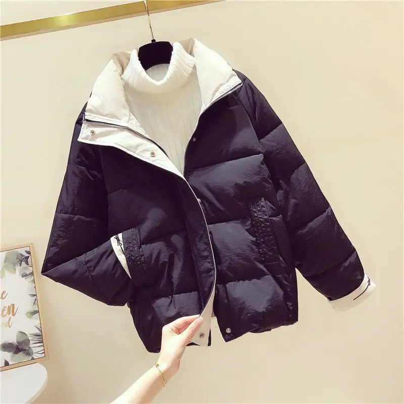 Women Stand Collar Cotton Jacket 2023 Autumn Winter Casual Warm All-match Zipper Parka Solid Loose Female Outwear Pockets A10