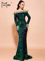 missord 2022 sexy off shoulder feather long sleeve sequin dress floor length evening party maxi reflective dresses pure black
