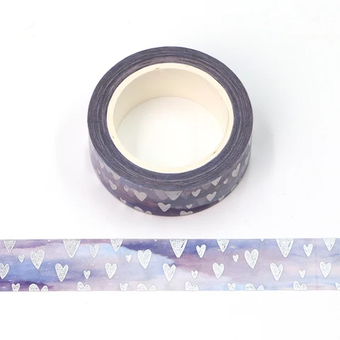 Серебряная фольга сердечки на фиолетовой клейкой ленте GREATHOPE WASHI TAPE