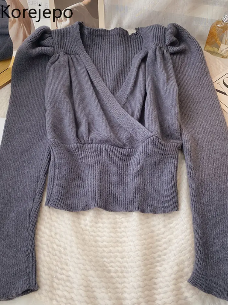 

Корейская Однотонная рубашка с глубоким V-образным вырезом, верхняя одежда, трикотажный женский зимний топ 2023, корейские элегантные тонкие ...