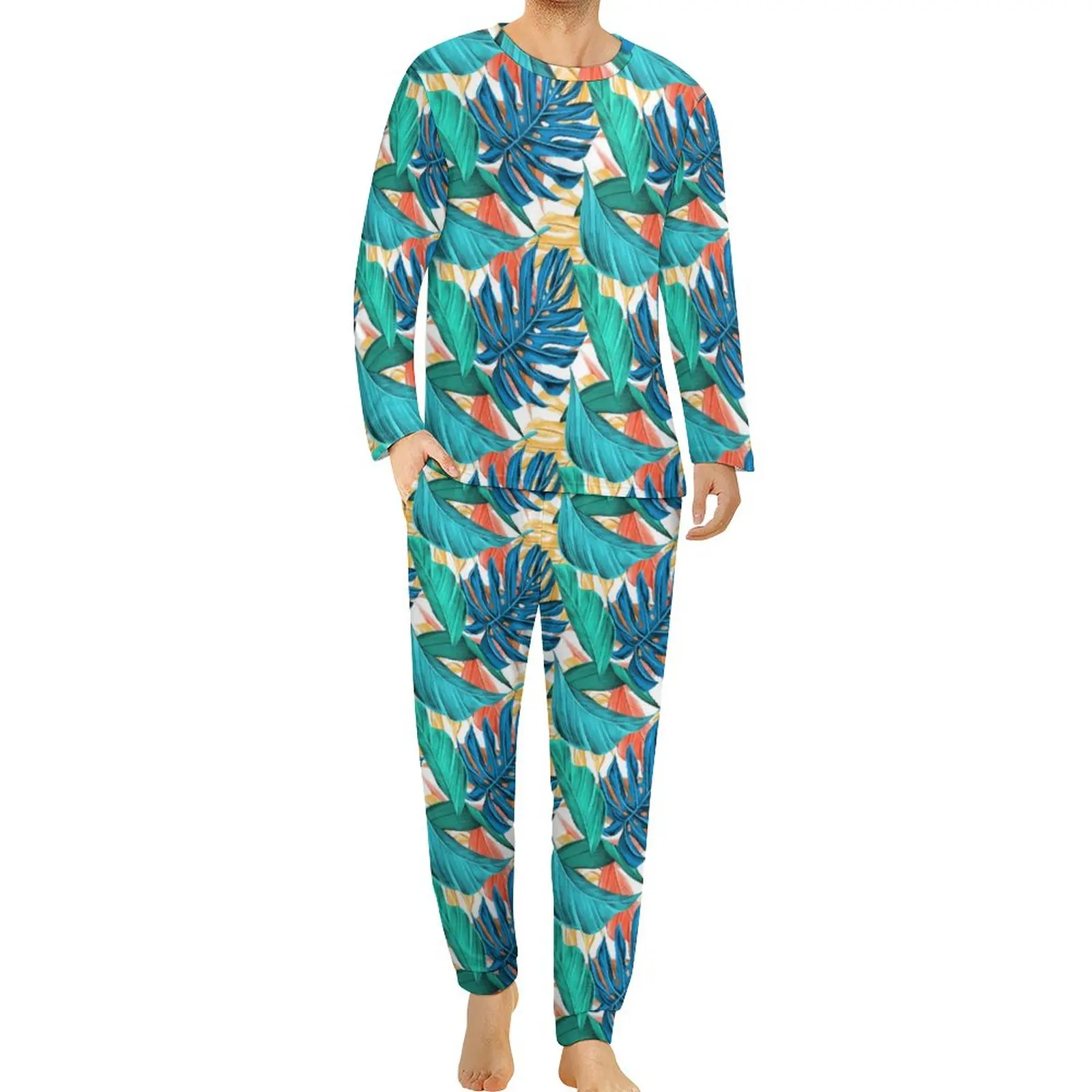 

Tropical Palm Pajamas Autumn Leaves Print Night Nightwear Male Two Piece Graphic Long Sleeves Cute Oversized Pajama Sets