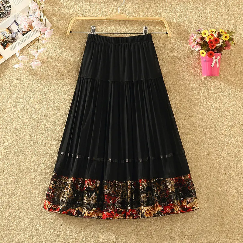 

Spring Summer High Waist Pleated Skirts Women Vintage Black Printing Stitching Midi Skirt Large Size Faldas Largas Mujer Q452