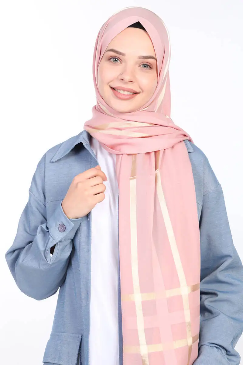 

Miray Thick Striped Flush Chiffon Shawl Powder/Gold