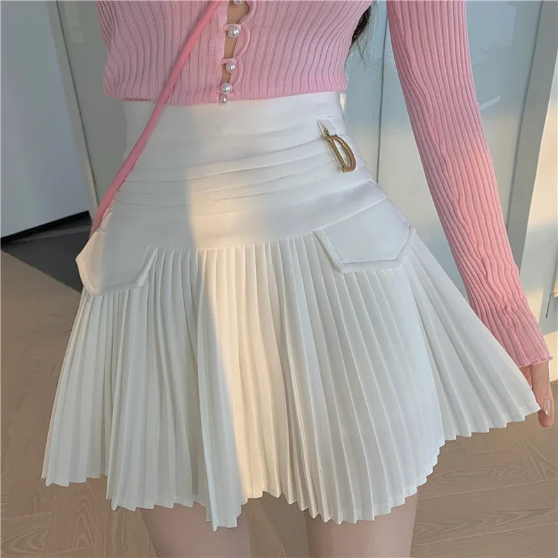 

White Pleated Skirts Women High Waist Mini Skirt Metal Letter Design A-Line Club wear Korean Sexy Street wear Show Solid Casual