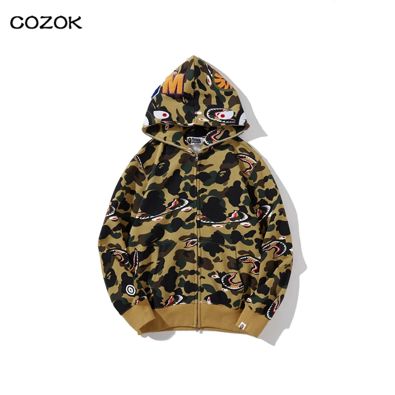 

Флисовая светящаяся толстовка с капюшоном Bape Shark, камуфляжная толстовка с начесом, Повседневная зимняя куртка для мужчин и женщин, пальто ра...