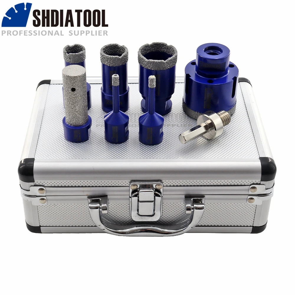 SHDIATOOL 1set/8pcs  6+6+20+25+35+50mm+20mm Finger Bit+Hex shank Adapter Vacuum Brazed Diamond Drill Core Bits M14 With Box