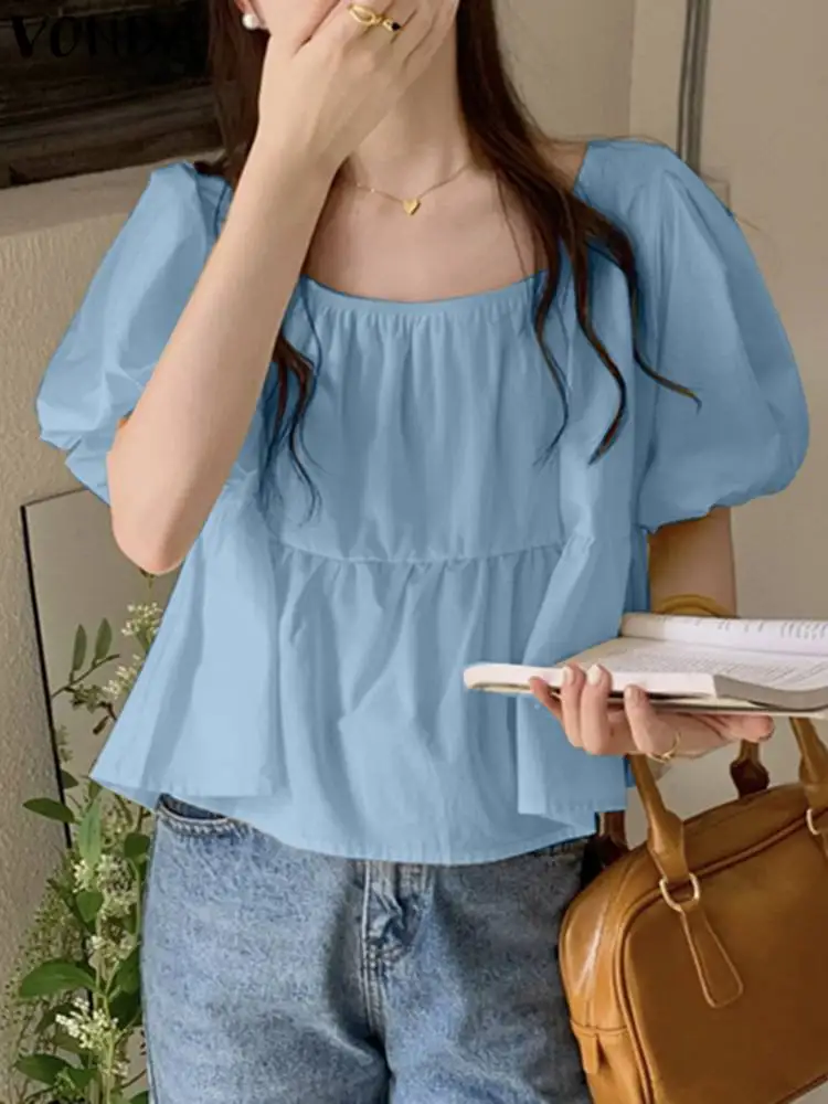 

2023 модные блузки VONDA для женщин, свободные топы с коротким рукавом-фонариком, летние сексуальные однотонные женские блузки с квадратным вырезом