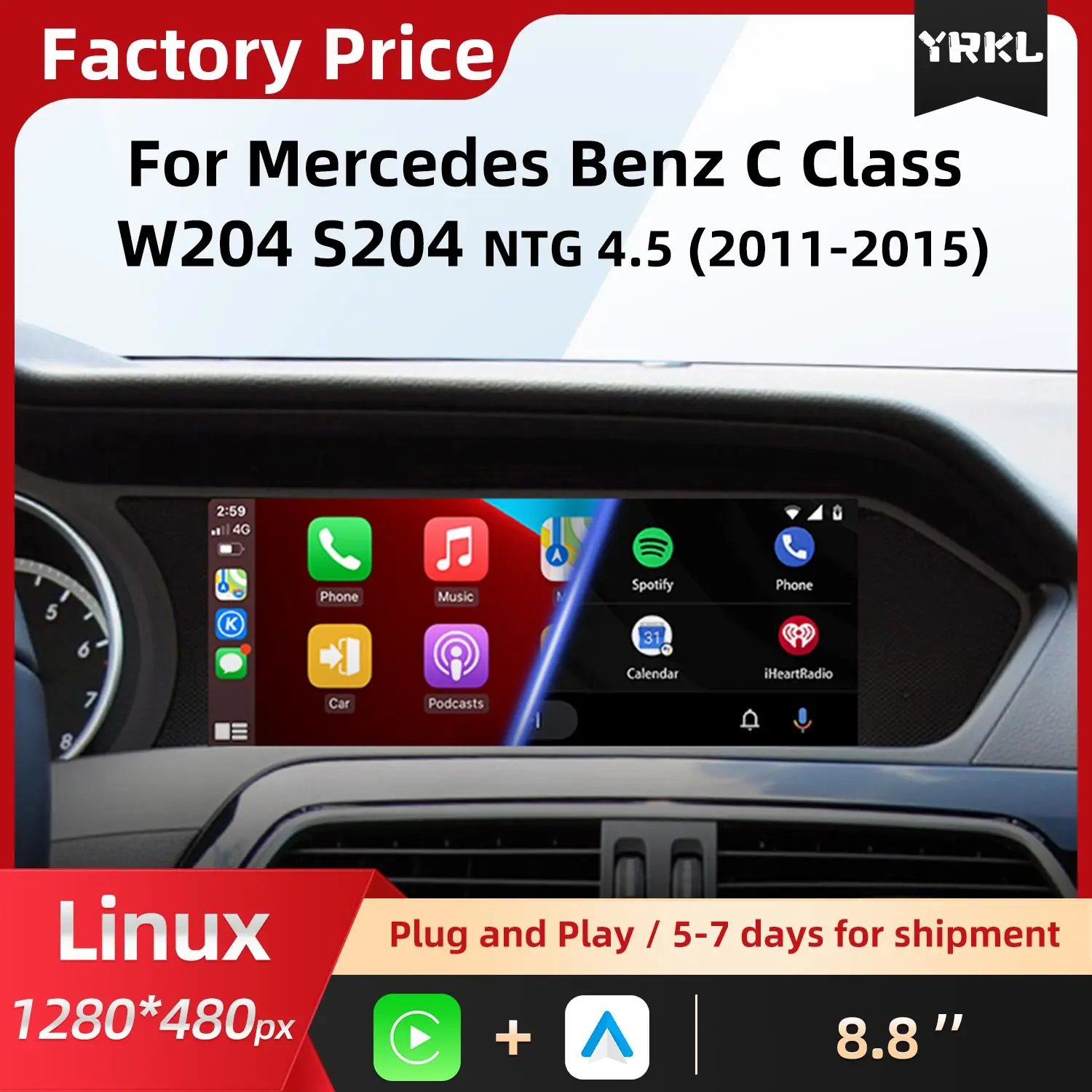 Фото Беспроводной CarPlay для Mercedes Benz C-класса W204 S204, мультимедийный видеоплеер с сенсорным экраном, Android Auto, центральный монитор №1