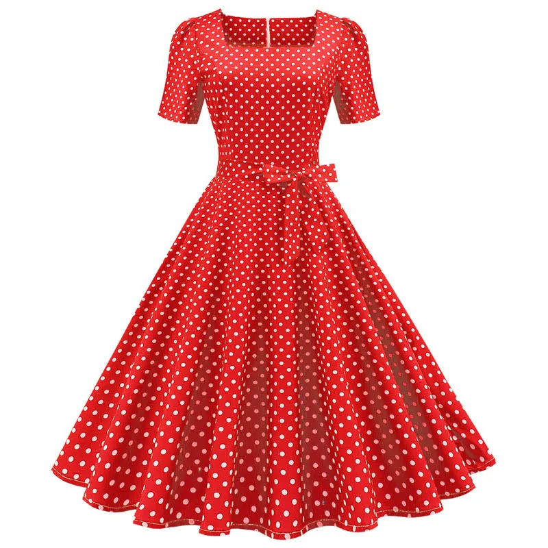 

Женское винтажное платье в горошек, Элегантное летнее ТРАПЕЦИЕВИДНОЕ ПЛАТЬЕ средней длины с коротким рукавом и квадратным вырезом, модель 50-60-х годов