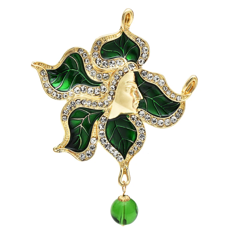 

Wuli&baby Vintage Leaf God Brooches For Women Unisex Beauty Green Enamel Rhinestone Plants Party Office Brooch Pin Gifts