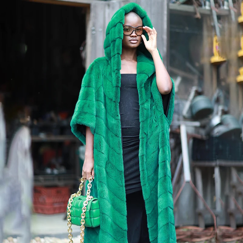 Natural Mink Fur Jackets Women Luxury Short Sleeve Hooded Outertwear Lady 2022 Winter Tide Genuine Mink Fur Long Coat Female