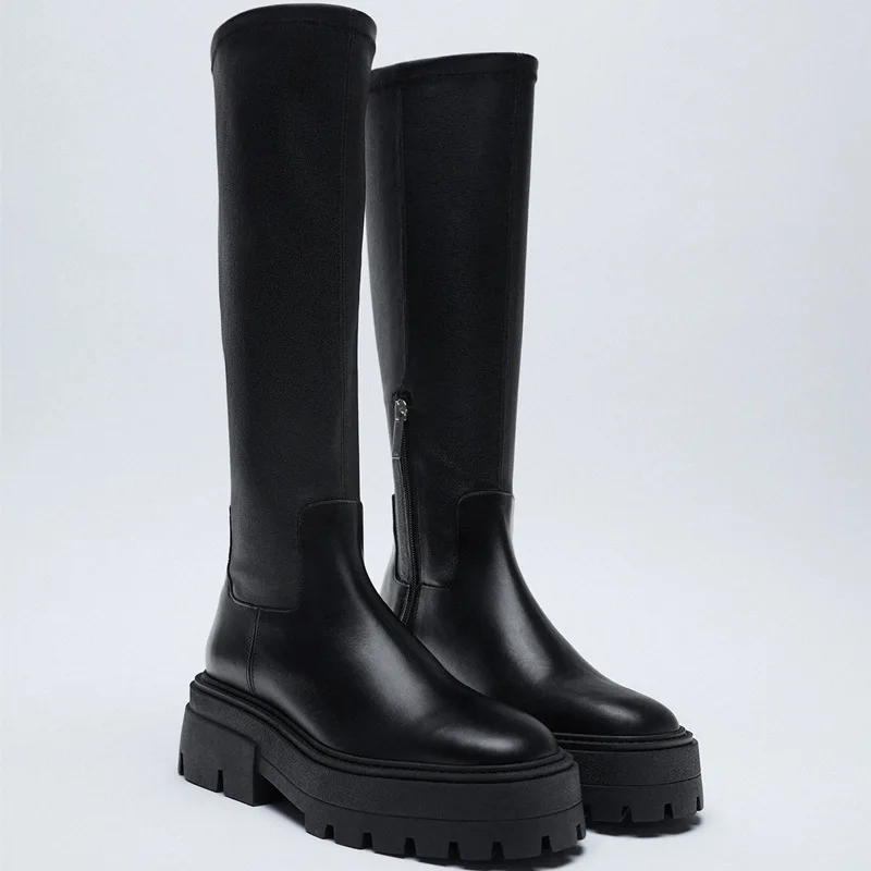 High Boots Women Zipper Leather Shoes 2022 Winter Thick Bottom Platform Ladies Knee High Boots Elegant Fashion Female Footwear