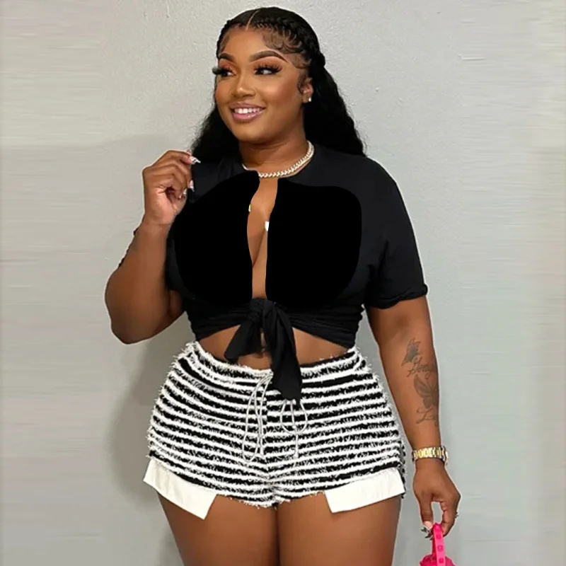 

KEXU Casual Women Plus Size Shorts 2023 Summer Fashion Streetwear Stripe Print Short Trousers