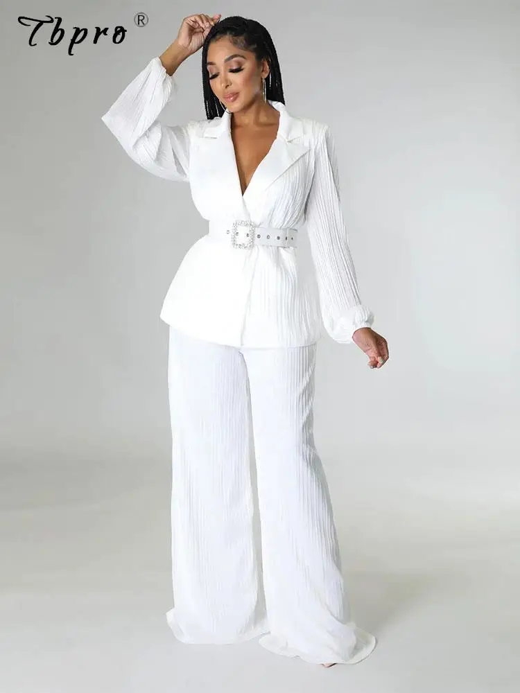 

Woman Pleated Blazer Flares Pants Set Fashion Lace Up Blouse Wide Leg Pants 2 Pieces Suits 2022 Autumn Chic Female Clothes White