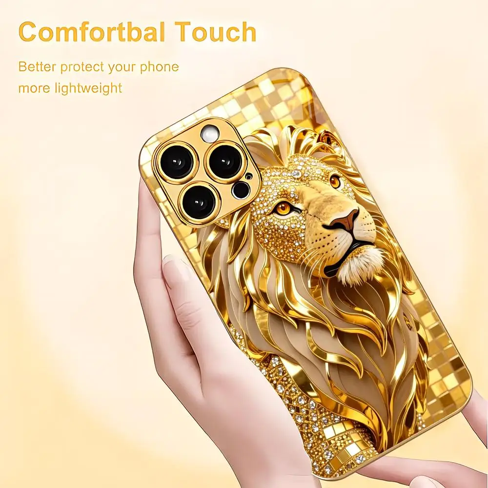 Металлический чехол для телефона Majestic Golden Lion из стекла с эффектом металлик, подходит для iPhone 17 16 15 14 13 12 11 ProMaxPlus, противоударная задняя крышка (art.: 3920da6191b4d) - 3920da6191b4d