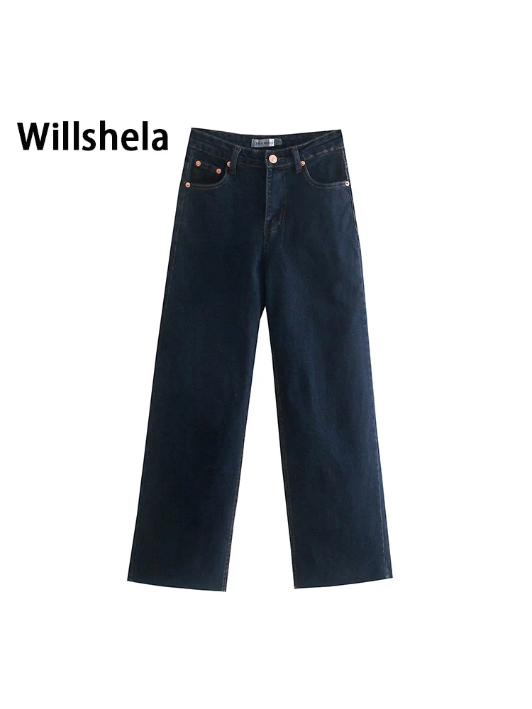 

Willshela Women Fashion Denim Solid Front Zipper Jeans Vintage High Waist Full Length Wide Leg Pants Female Chic Lady Trousers