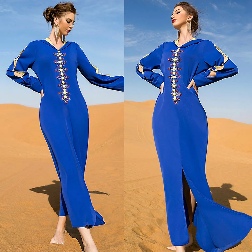 Платье женское длинное с капюшоном, мусульманский вечерний наряд с надписью стразы, марокканский кафтан, Арабская абайя, верхняя одежда на ...