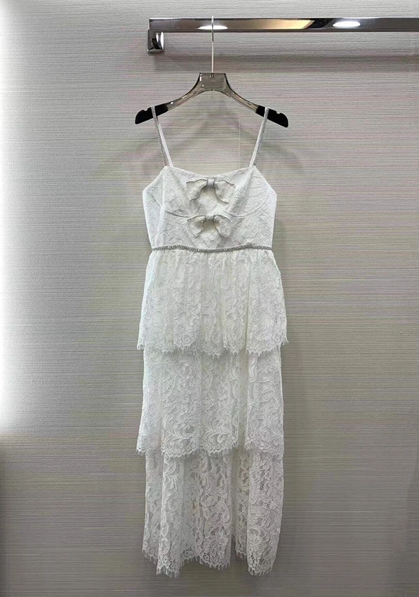 

2023 new women fashion sleeveless tube top bow cake layer lace dress suspender long dress elegant dress 0513