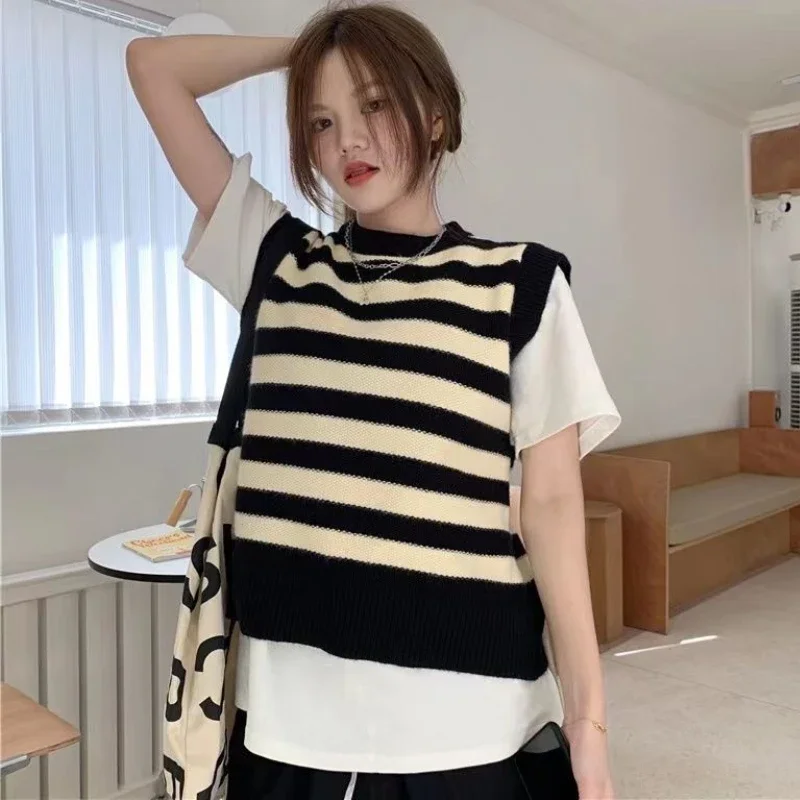 Sweater Vests Women Classic Striped Minimalist Panelled Basic Loose Korean Style Casual Students Autumn Knitwear Popular Design
