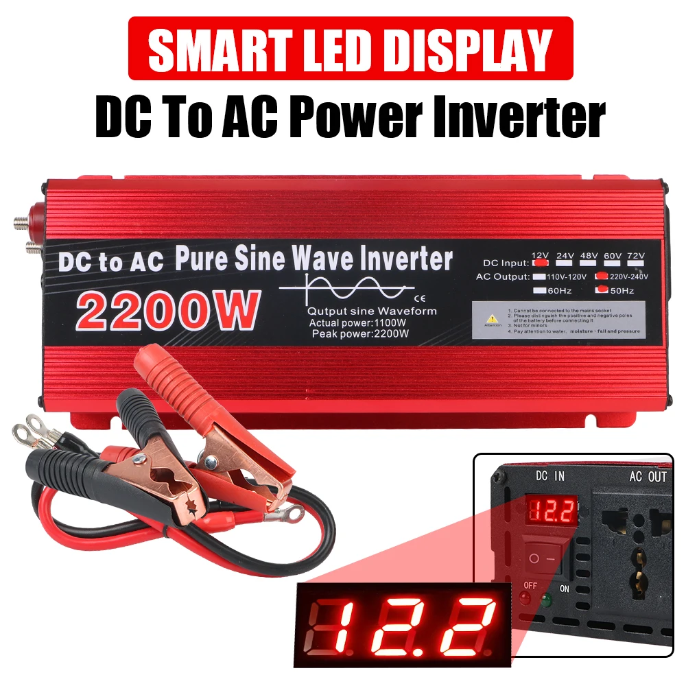

Universal Pure Sine Wave Inverter DC 12V To AC 220V 2200W 3000W 50HZ Voltage Converter Portable Power Bank Solar Inverter