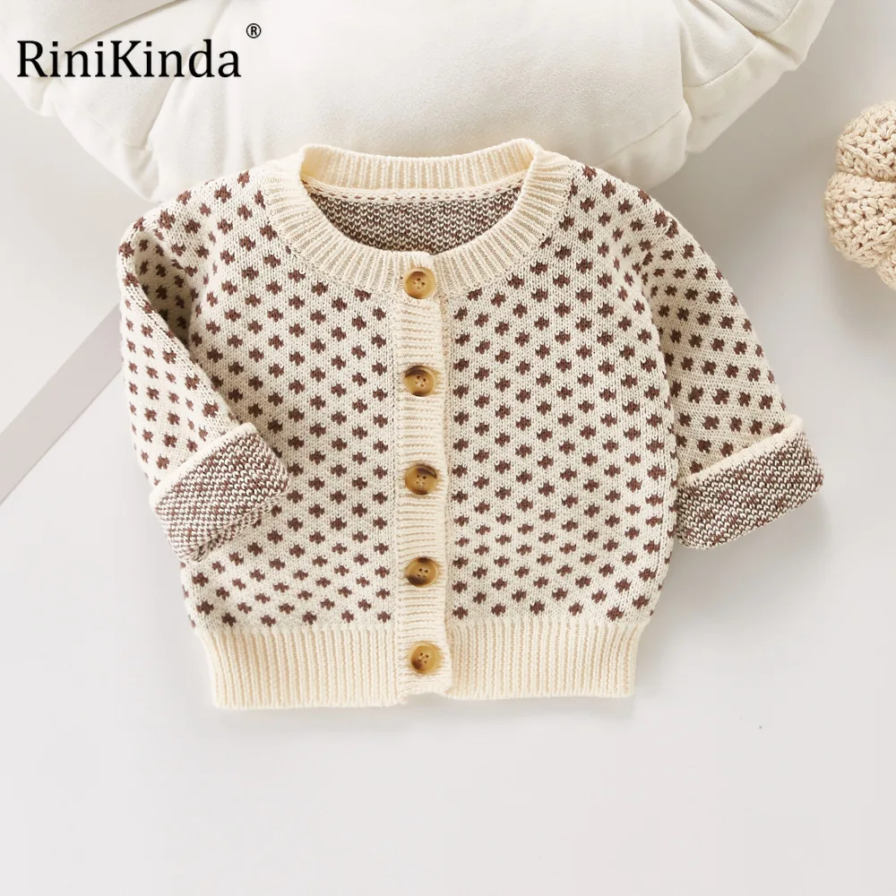 

RiniKinda Spring Baby Boys Sweaters Coat Kids Knitting Single-Breasted Tops Baby Boys Small Fresh Dot Long Sleeve Sweaters