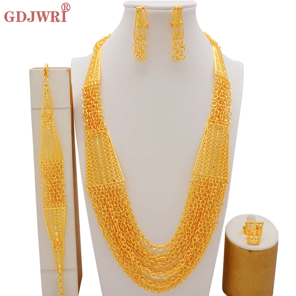Luxury African Dubai Gold Color Jewelry Set For Women Wedding Tassel Necklace Bracelets Earrings Bohemia Indian Bridal Jewellery