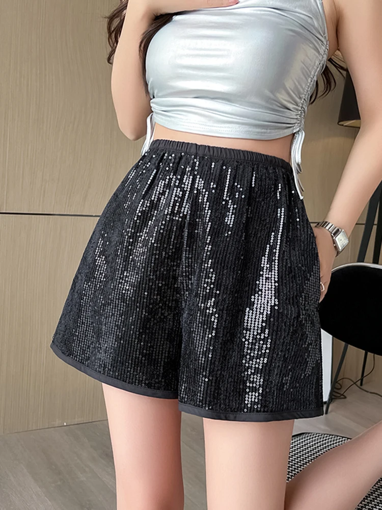 Women's Summer Bling Bling Sequins Shorts Lady Streetwear High Waist Wide Leg A Line Shorts