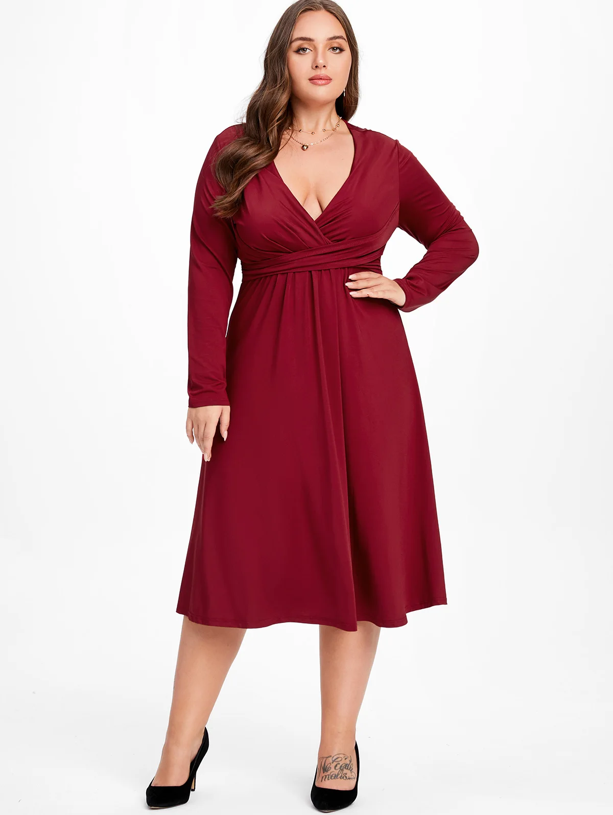 

ROSEGAL Red Elegant Crisscross Surplice Midi Dress Vestidos Women Sexy V Neck Long Sleeve Ruched Fit And Flare Dresses 5XL
