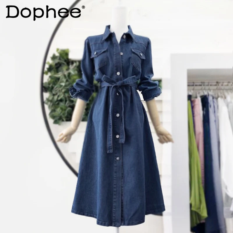 Waist Slimming Single-breasted Denim Dress Spring and Autumn New Fashion Women's Dress Elegant  All-match Suspender Dress