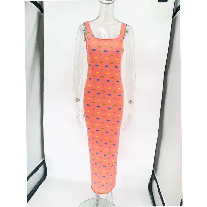 

2022 Women's Autumn Knitted Knot Printed Elastic Bodycon Long Dresses