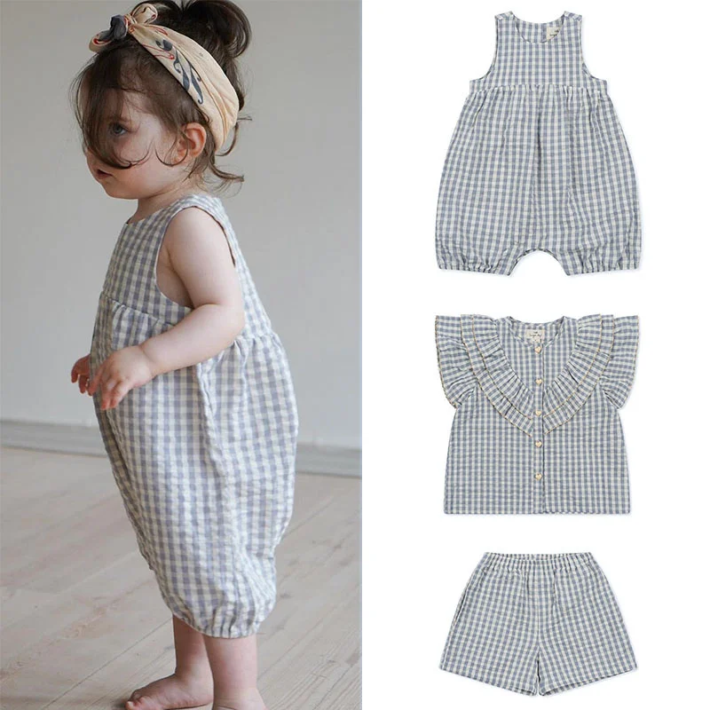 

Женский комбинезон в клетку на лето, с голубым клетчатым узором
