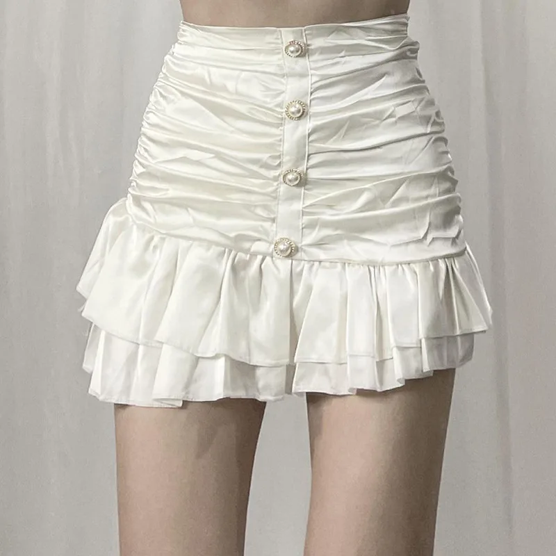 

Elegant and Fashionable Pearl Buckle Lotus Leaf Skirt Female Summer 2023 New High-waist Folds Thin Satin Sexy Hip Skirt 2023 new