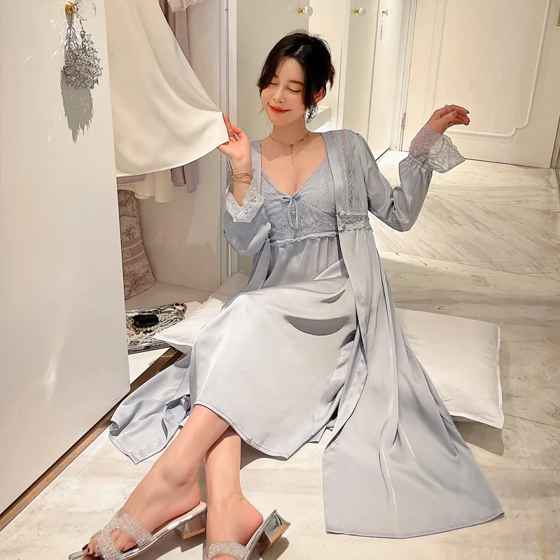 

2Pcs Kimono Robe Set Perspective Female Sexy Satin Lace Sleeve Sleepwear Bathrobe Gown Long Casual Nightgown Home Clothing